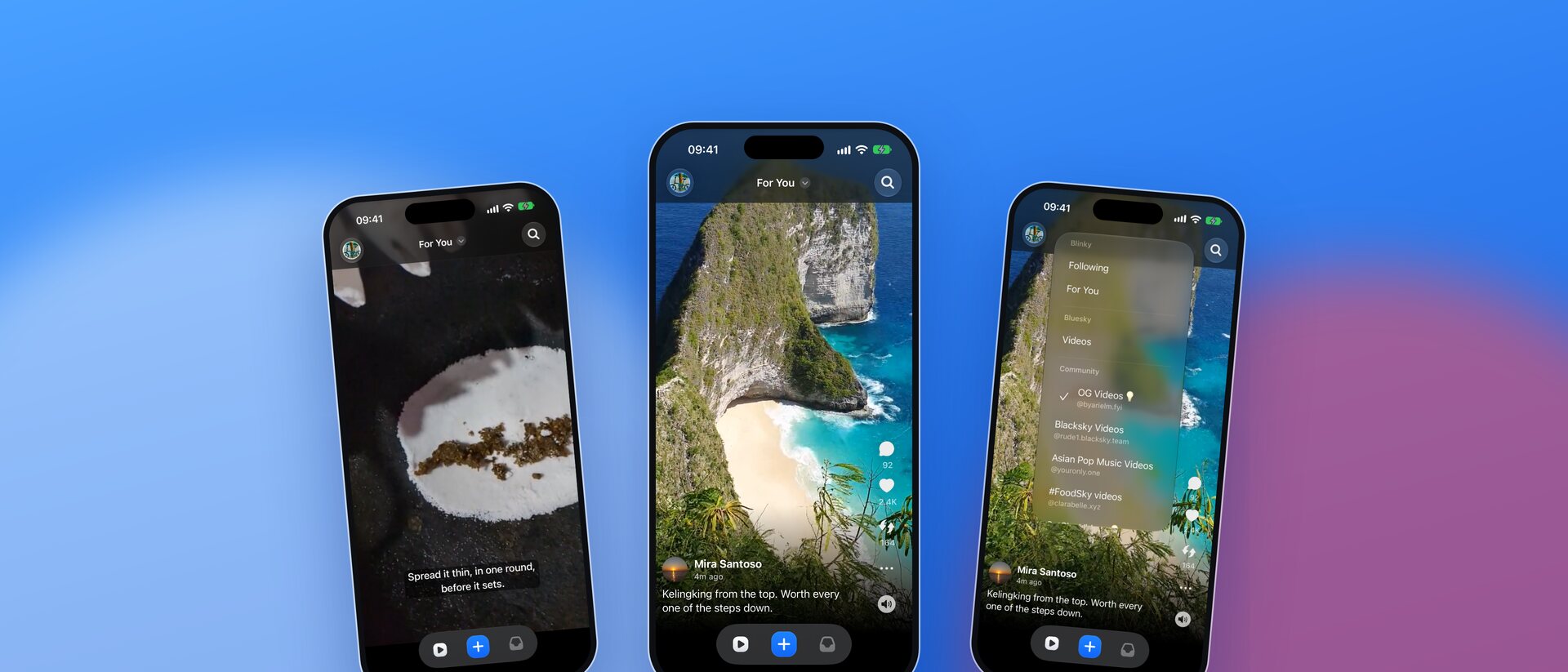 Three iPhones showing a video with subtitles, the For You feed and the feed menu in Blinky